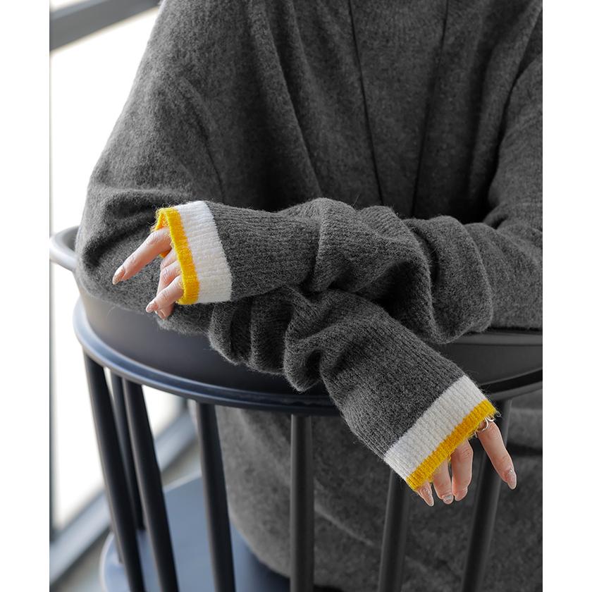 ニット 配色 トップス ロング レディース セーター オーバー プルオーバー タートルネック ハイネック 長袖 長い 指穴 リブ チュニック ゆったり インナー | HUG.U | 07