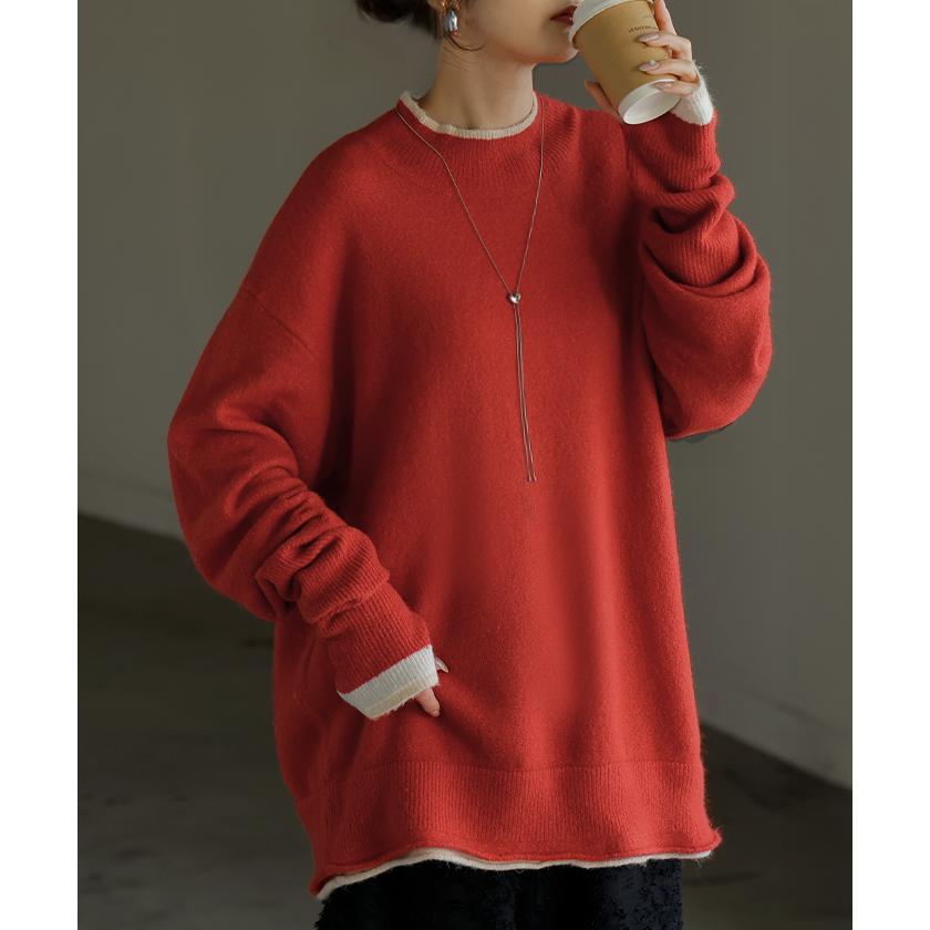 ニット 配色 トップス ロング レディース セーター オーバー プルオーバー タートルネック ハイネック 長袖 長い 指穴 リブ チュニック ゆったり インナー | HUG.U | 09