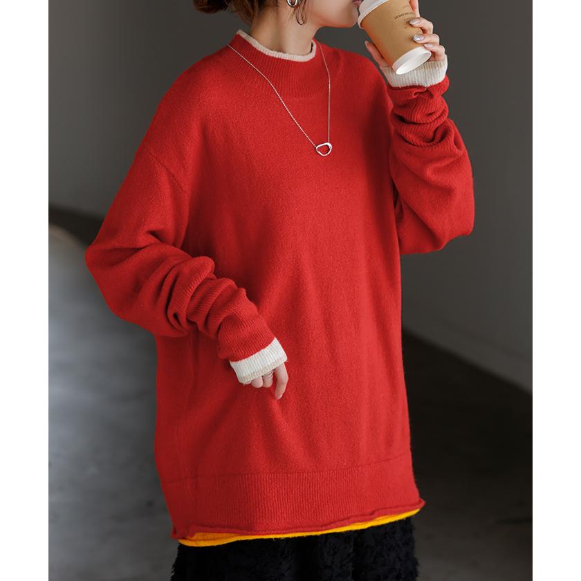 ニット 配色 トップス ロング レディース セーター オーバー プルオーバー タートルネック ハイネック 長袖 長い 指穴 リブ チュニック ゆったり インナー | HUG.U | 09