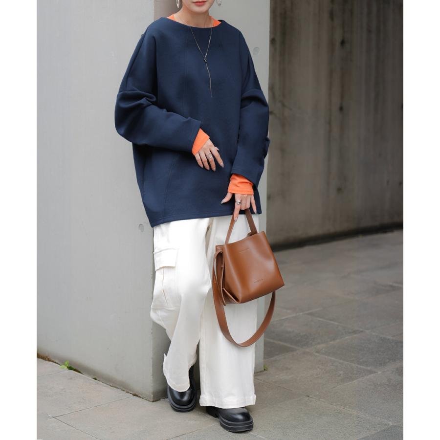 トップス プルオーバー ダンボール レディース ロング カットソー シワになりにくい 無地 長袖 ボートネック 軽い イージーケア ノンアイロン 保温性 | HUG.U | 20