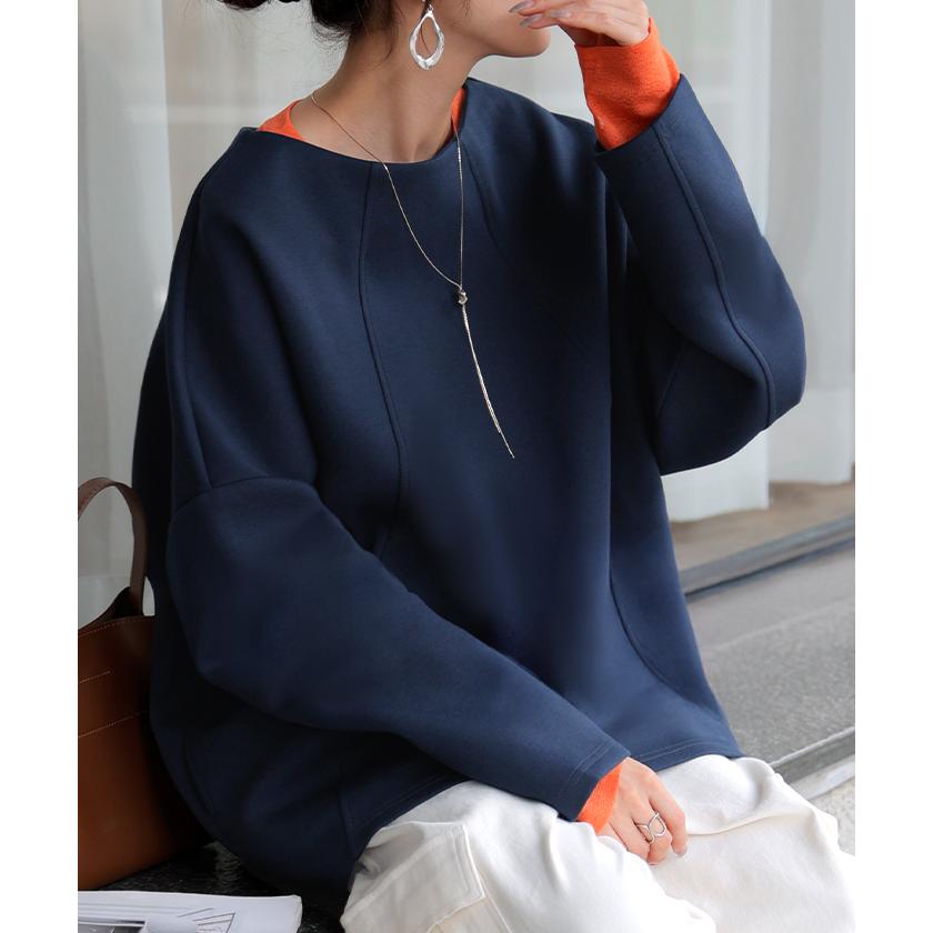 トップス プルオーバー ダンボール レディース ロング カットソー シワになりにくい 無地 長袖 ボートネック 軽い イージーケア ノンアイロン 保温性 | HUG.U | 08