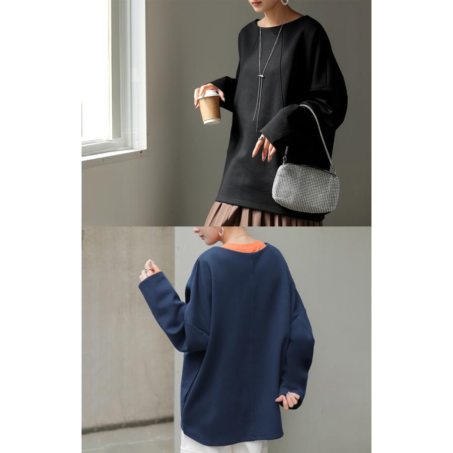 トップス プルオーバー ダンボール レディース ロング カットソー シワになりにくい 無地 長袖 ボートネック 軽い イージーケア ノンアイロン 保温性 | HUG.U | 11