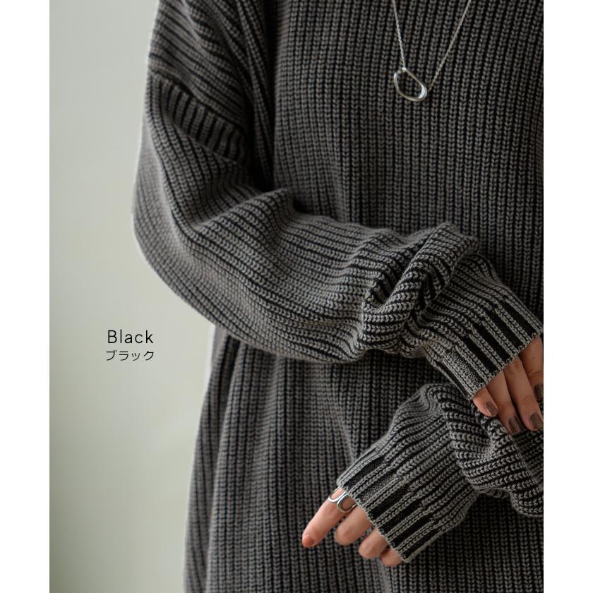 ニット 片畦編み 綿100 プルオーバー レディース ロング トップス セーター オーバー 長袖 長い ドルマン クルーネック 無地 リブ ストレッチ | HUG.U | 13