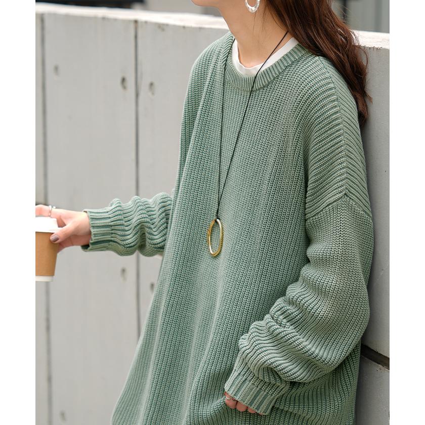 ニット 片畦編み 綿100 プルオーバー レディース ロング トップス セーター オーバー 長袖 長い ドルマン クルーネック 無地 リブ ストレッチ | HUG.U | 05