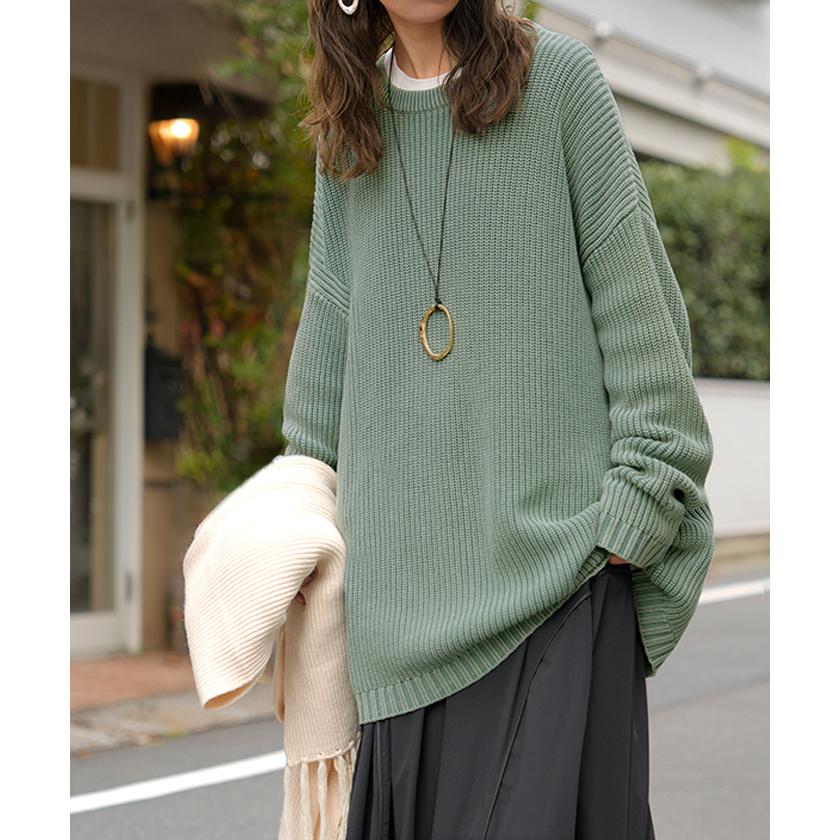 ニット 片畦編み 綿100 プルオーバー レディース ロング トップス セーター オーバー 長袖 長い ドルマン クルーネック 無地 リブ ストレッチ | HUG.U | 07