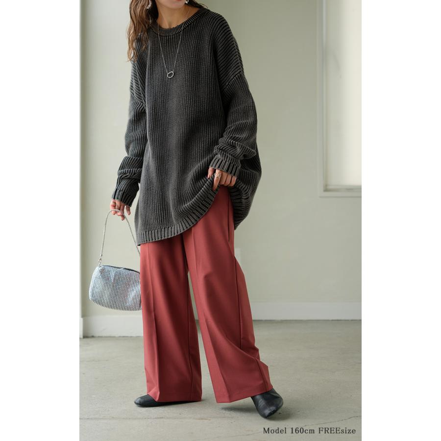 ニット 片畦編み 綿100 プルオーバー レディース ロング トップス セーター オーバー 長袖 長い ドルマン クルーネック 無地 リブ ストレッチ | HUG.U | 08