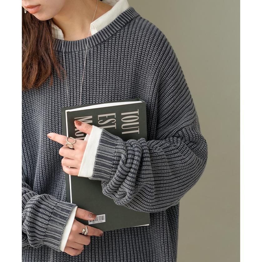 ニット 片畦編み 綿100 プルオーバー レディース ロング トップス セーター オーバー 長袖 長い ドルマン クルーネック 無地 リブ ストレッチ | HUG.U | 09