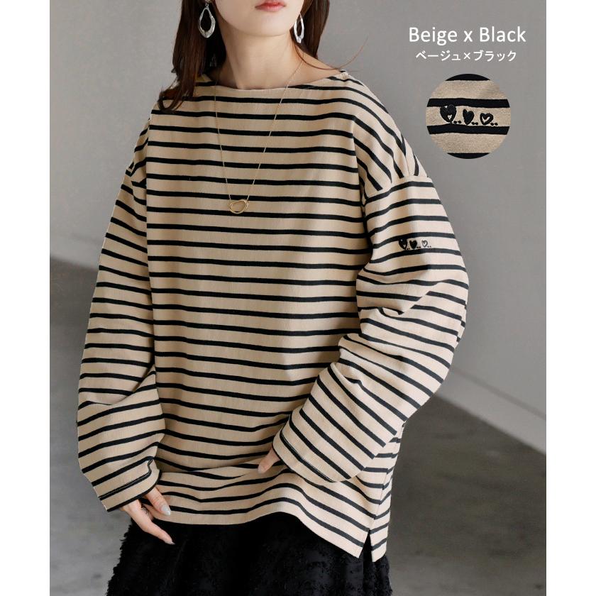 カットソー ロンT ボーダー 刺繍 レディース トップス 長袖 Tシャツ 綿100 ロング チュニック バスク ティーシャツ ビッグ プラスサイズ ボートネック | HUG.U | 17