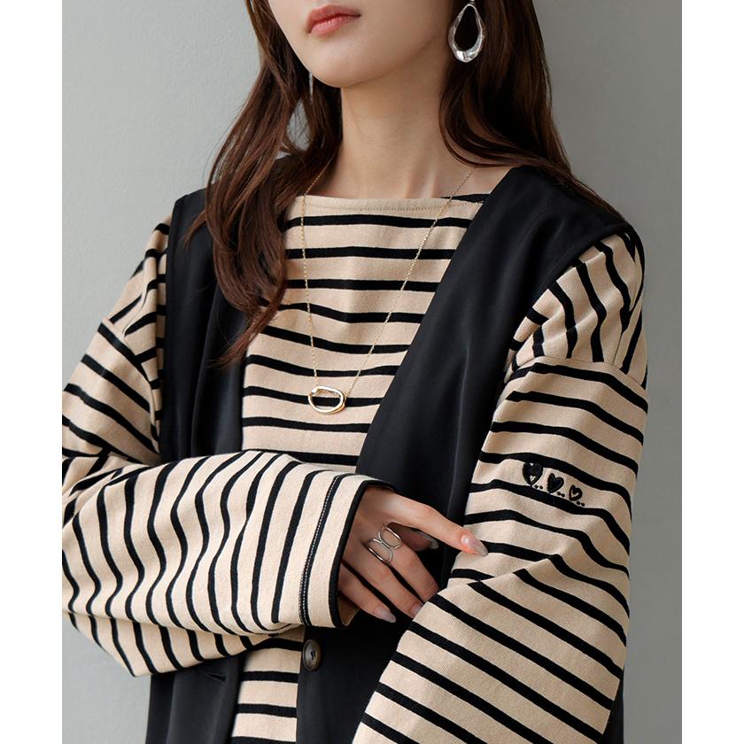 カットソー ロンT ボーダー 刺繍 レディース トップス 長袖 Tシャツ 綿100 ロング チュニック バスク ティーシャツ ビッグ プラスサイズ ボートネック | HUG.U | 18