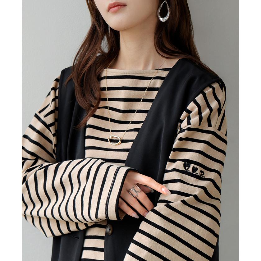 カットソー ロンT ボーダー 刺繍 レディース トップス 長袖 Tシャツ 綿100 ロング チュニック バスク ティーシャツ ビッグ プラスサイズ ボートネック | HUG.U | 18