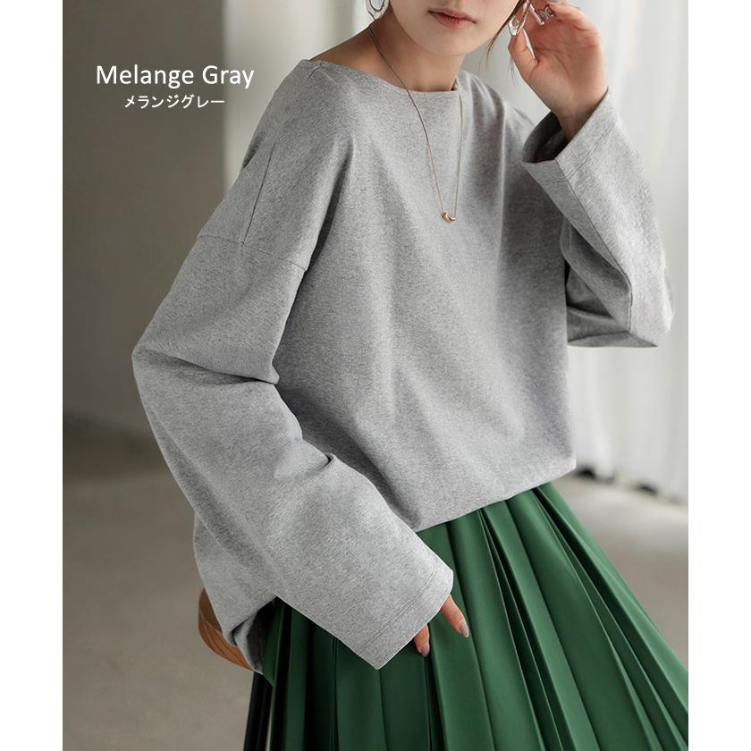 カットソー ロンT ボーダー 刺繍 レディース トップス 長袖 Tシャツ 綿100 ロング チュニック バスク ティーシャツ ビッグ プラスサイズ ボートネック | HUG.U | 19