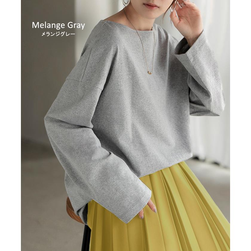 カットソー ロンT ボーダー 刺繍 レディース トップス 長袖 Tシャツ 綿100 ロング チュニック バスク ティーシャツ ビッグ プラスサイズ ボートネック | HUG.U | 19