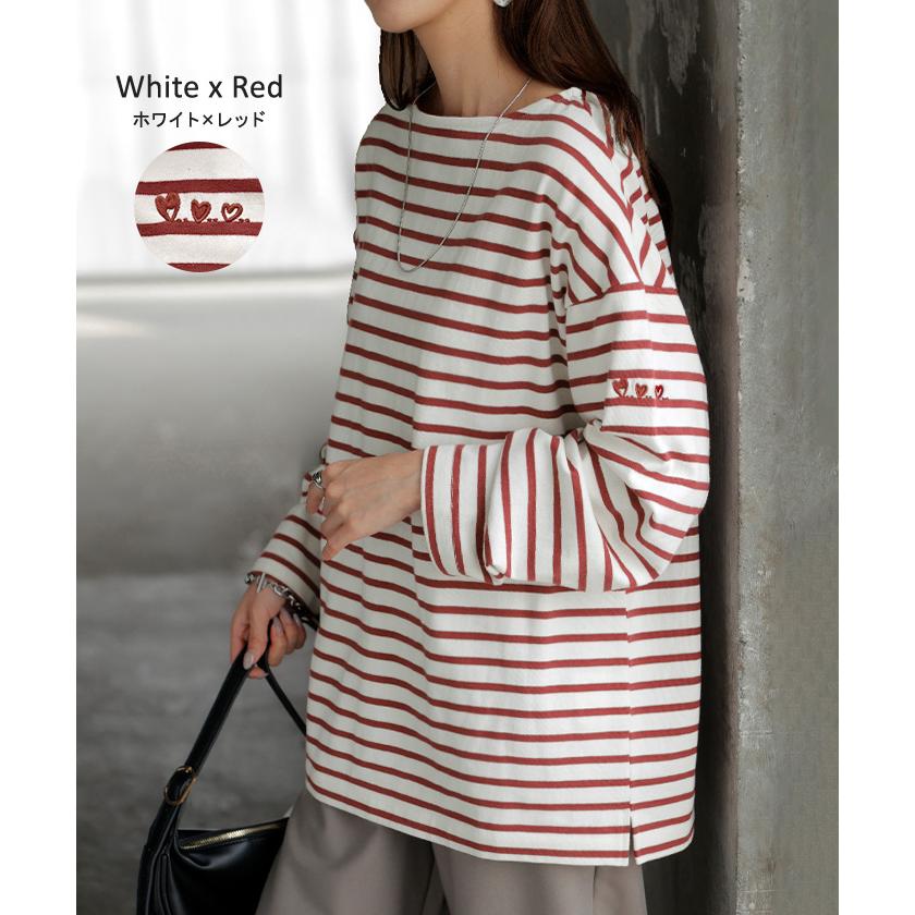 カットソー ロンT ボーダー 刺繍 レディース トップス 長袖 Tシャツ 綿100 ロング チュニック バスク ティーシャツ ビッグ プラスサイズ ボートネック | HUG.U | 21