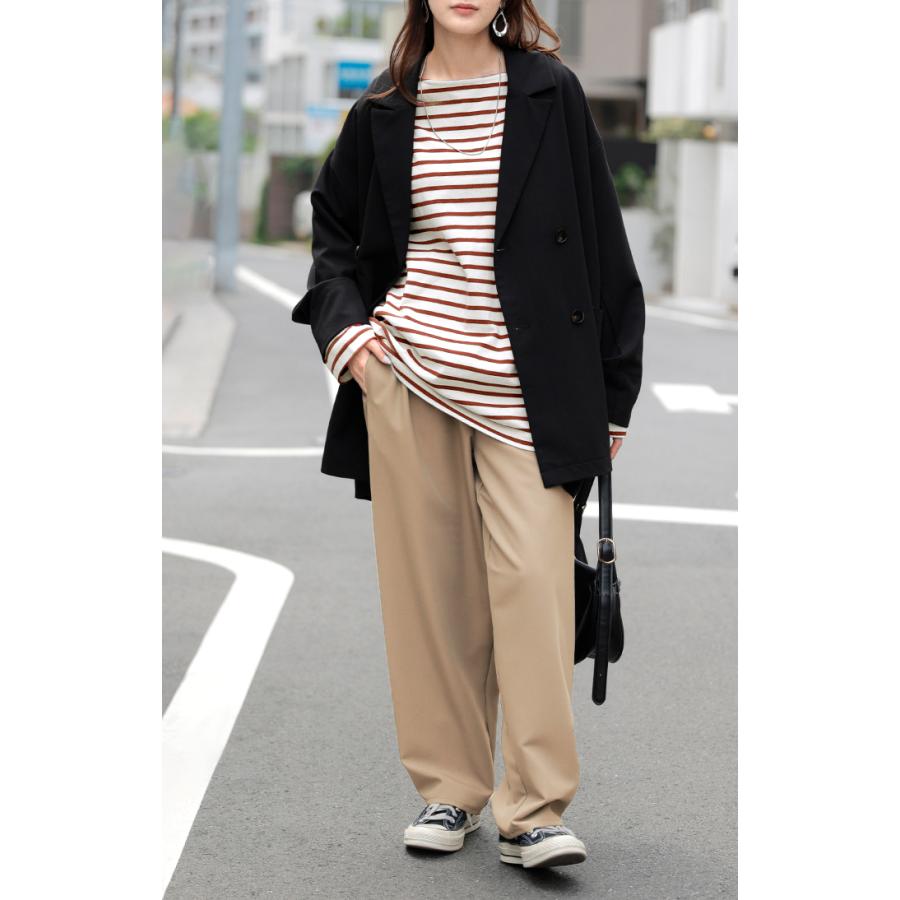 カットソー ロンT ボーダー 刺繍 レディース トップス 長袖 Tシャツ 綿100 ロング チュニック バスク ティーシャツ ビッグ プラスサイズ ボートネック | HUG.U | 22