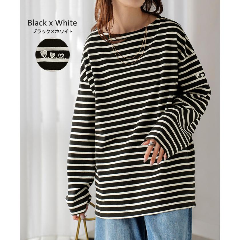 カットソー ロンT ボーダー 刺繍 レディース トップス 長袖 Tシャツ 綿100 ロング チュニック バスク ティーシャツ ビッグ プラスサイズ ボートネック | HUG.U | 26