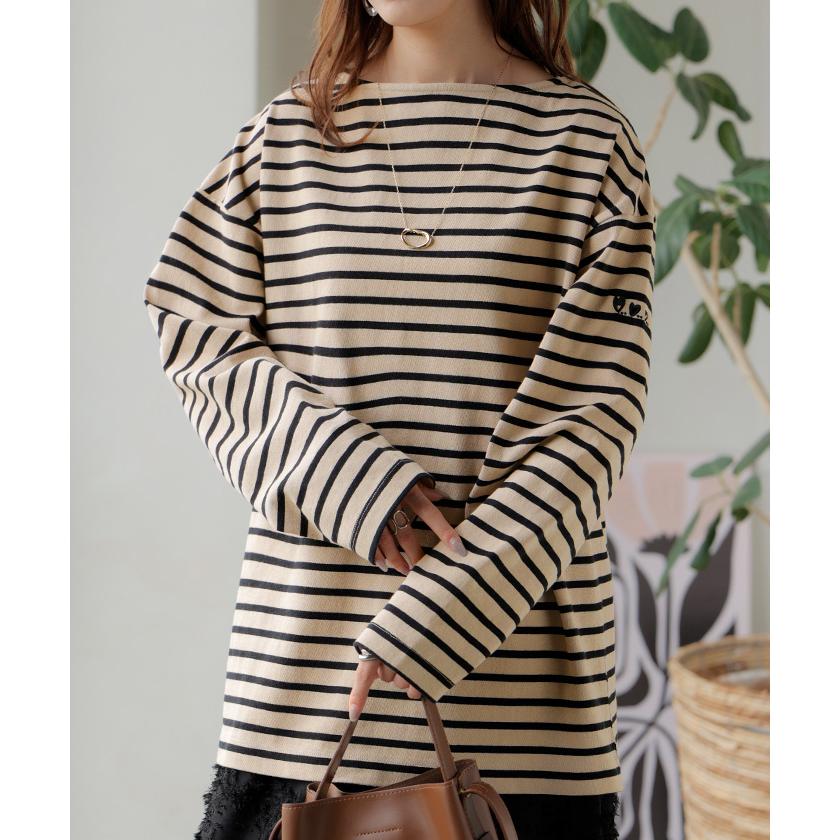 カットソー ロンT ボーダー 刺繍 レディース トップス 長袖 Tシャツ 綿100 ロング チュニック バスク ティーシャツ ビッグ プラスサイズ ボートネック | HUG.U | 11