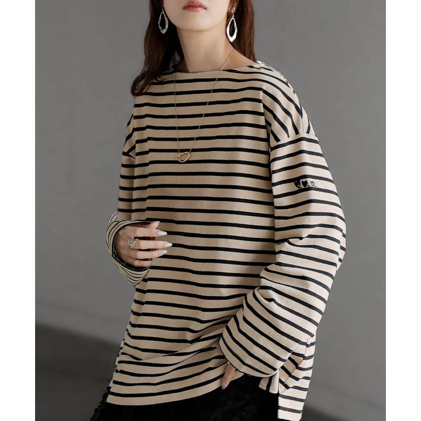 カットソー ロンT ボーダー 刺繍 レディース トップス 長袖 Tシャツ 綿100 ロング チュニック バスク ティーシャツ ビッグ プラスサイズ ボートネック | HUG.U | 11