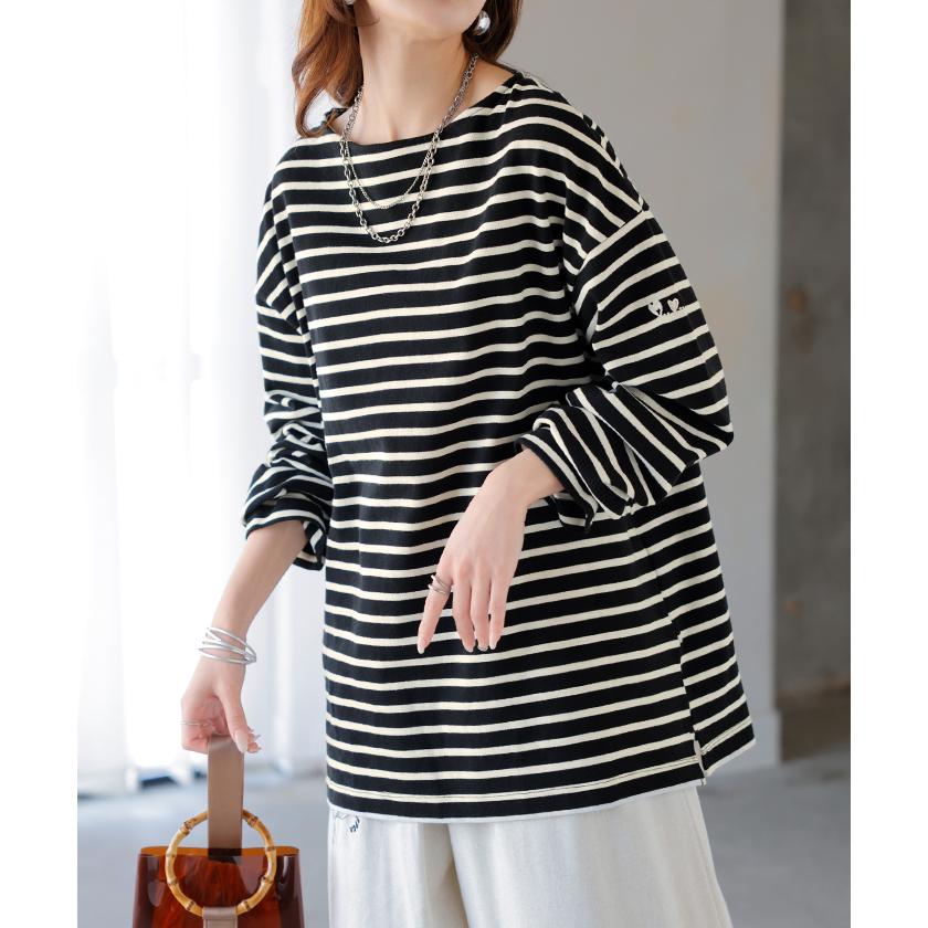 カットソー ロンT ボーダー 刺繍 レディース トップス 長袖 Tシャツ 綿100 ロング チュニック バスク ティーシャツ ビッグ プラスサイズ ボートネック | HUG.U | 14