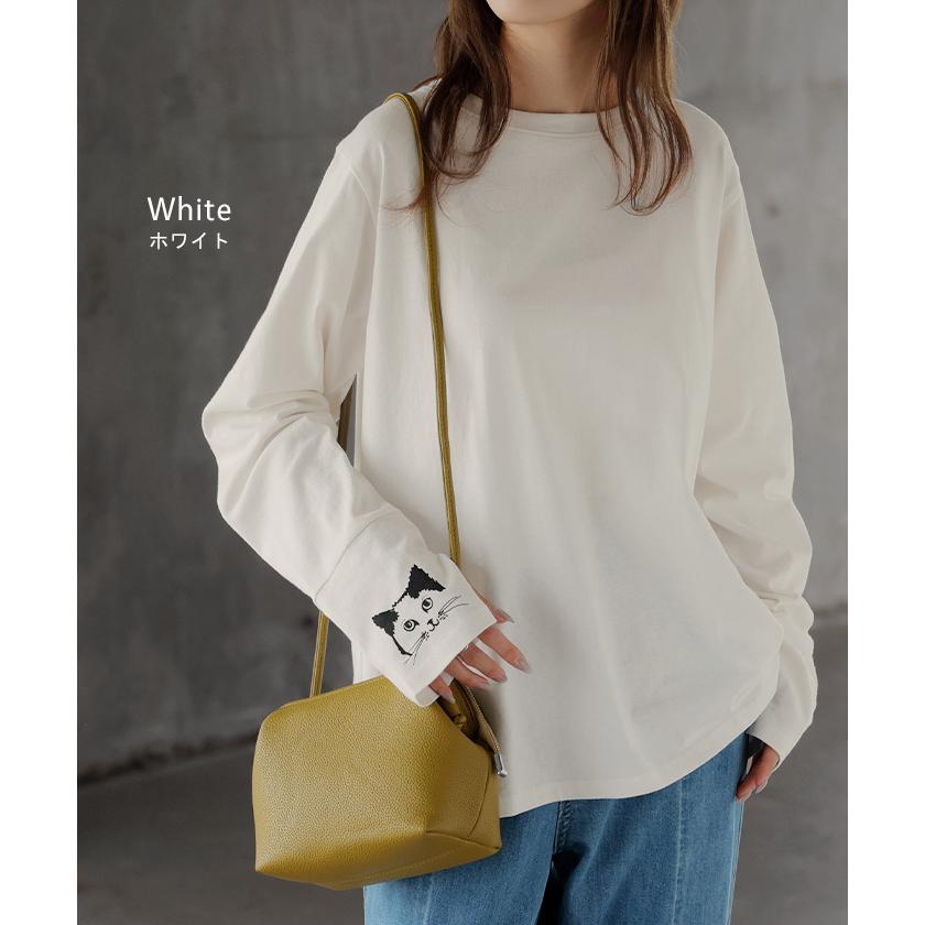 カットソー ロンT 袖 猫 プリント トップス 長袖 Tシャツ レディース ロング ティーシャツ 綿100％ クルーネック 長い インナー レイヤード | HUG.U | 14