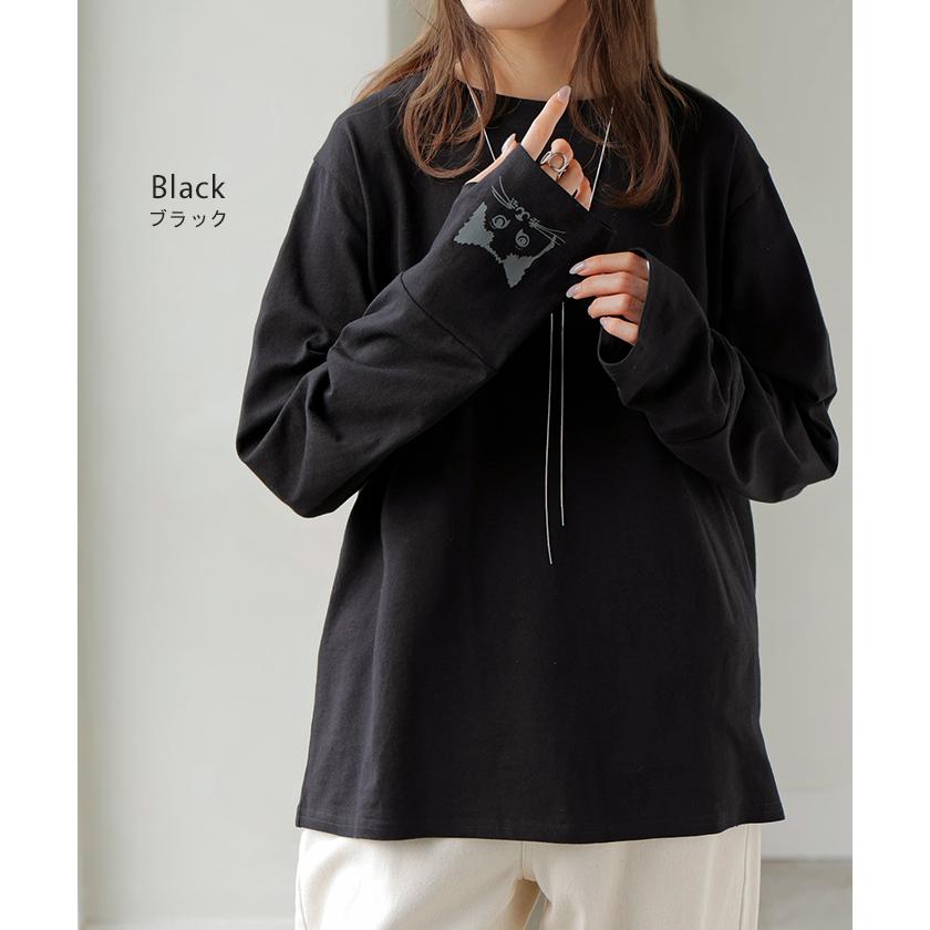 カットソー ロンT 袖 猫 プリント トップス 長袖 Tシャツ レディース ロング ティーシャツ 綿100％ クルーネック 長い インナー レイヤード | HUG.U | 18