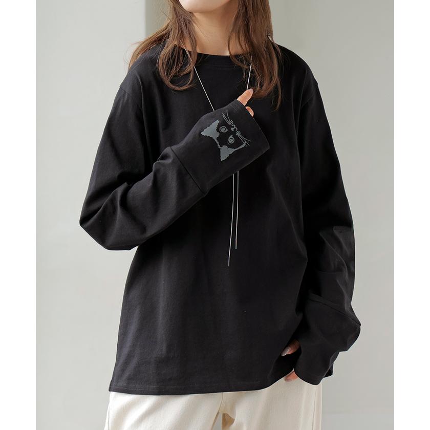 カットソー ロンT 袖 猫 プリント トップス 長袖 Tシャツ レディース ロング ティーシャツ 綿100％ クルーネック 長い インナー レイヤード | HUG.U | 08