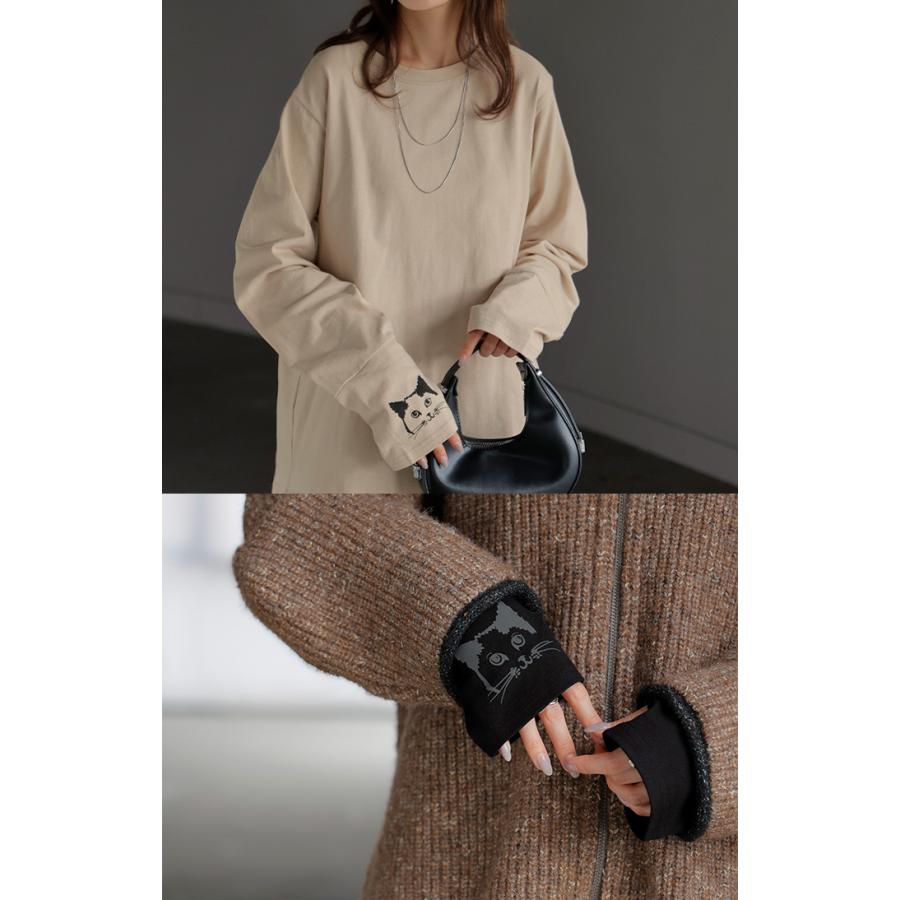カットソー ロンT 袖 猫 プリント トップス 長袖 Tシャツ レディース ロング ティーシャツ 綿100％ クルーネック 長い インナー レイヤード | HUG.U | 12