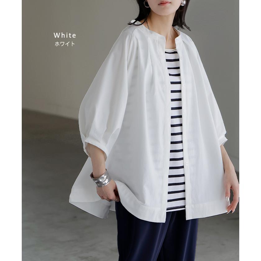 シャツ ぽわん袖 レディース 長袖 ブラウス トップス シワになりにくい 軽い 型崩れしにくい 体型カバー 前開き ノーカラー 比翼仕立て ラグラン 大きいサイズ | HUG.U | 12