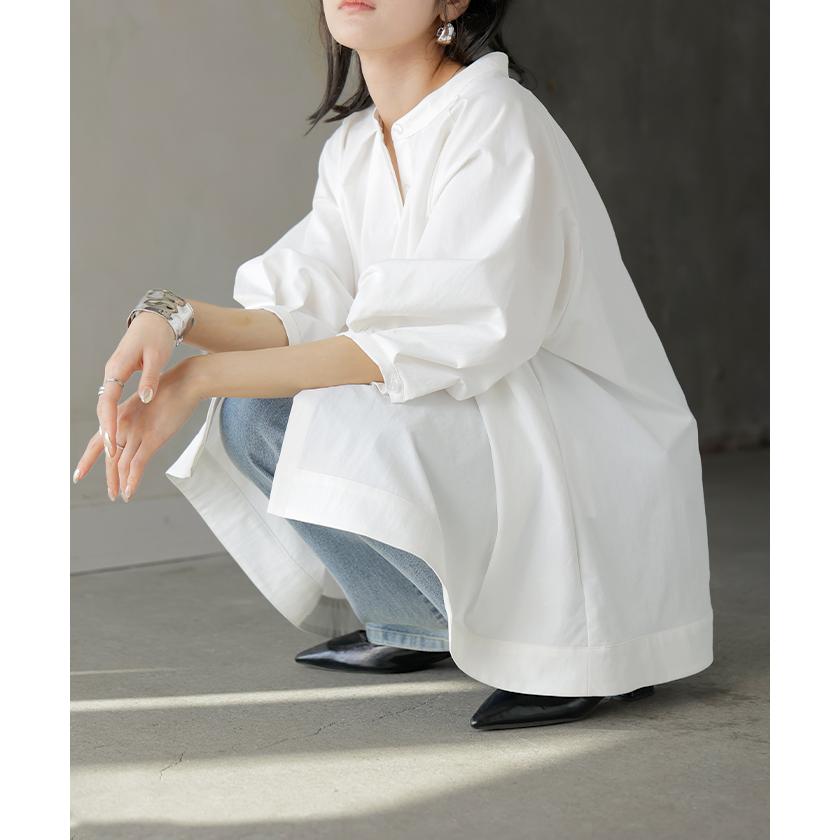 シャツ ぽわん袖 レディース 長袖 ブラウス トップス シワになりにくい 軽い 型崩れしにくい 体型カバー 前開き ノーカラー 比翼仕立て ラグラン 大きいサイズ | HUG.U | 15