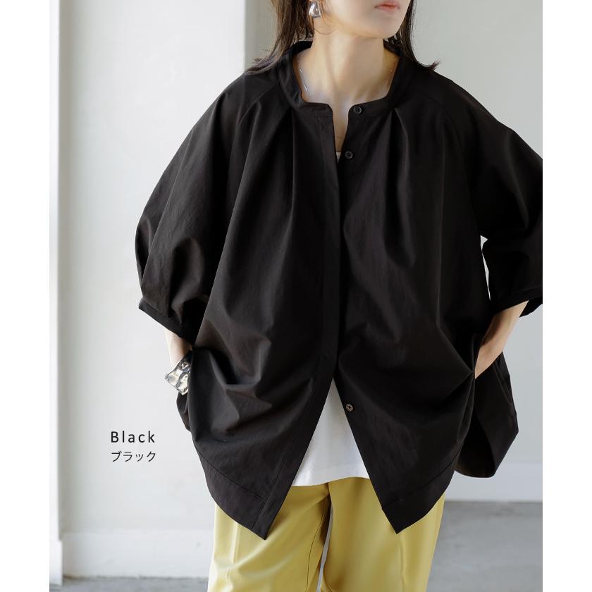 シャツ ぽわん袖 レディース 長袖 ブラウス トップス シワになりにくい 軽い 型崩れしにくい 体型カバー 前開き ノーカラー 比翼仕立て ラグラン 大きいサイズ | HUG.U | 16