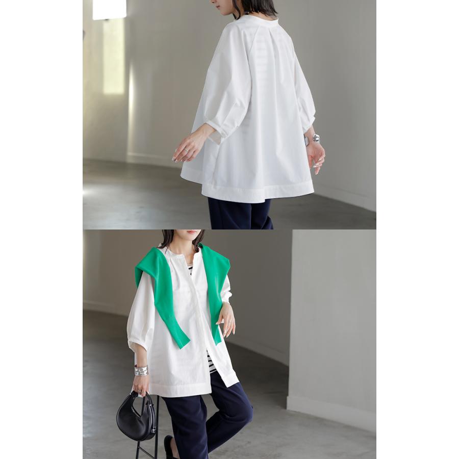 シャツ ぽわん袖 レディース 長袖 ブラウス トップス シワになりにくい 軽い 型崩れしにくい 体型カバー 前開き ノーカラー 比翼仕立て ラグラン 大きいサイズ | HUG.U | 18