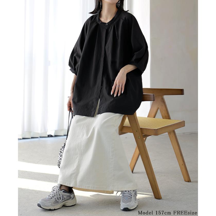 シャツ ぽわん袖 レディース 長袖 ブラウス トップス シワになりにくい 軽い 型崩れしにくい 体型カバー 前開き ノーカラー 比翼仕立て ラグラン 大きいサイズ | HUG.U | 19