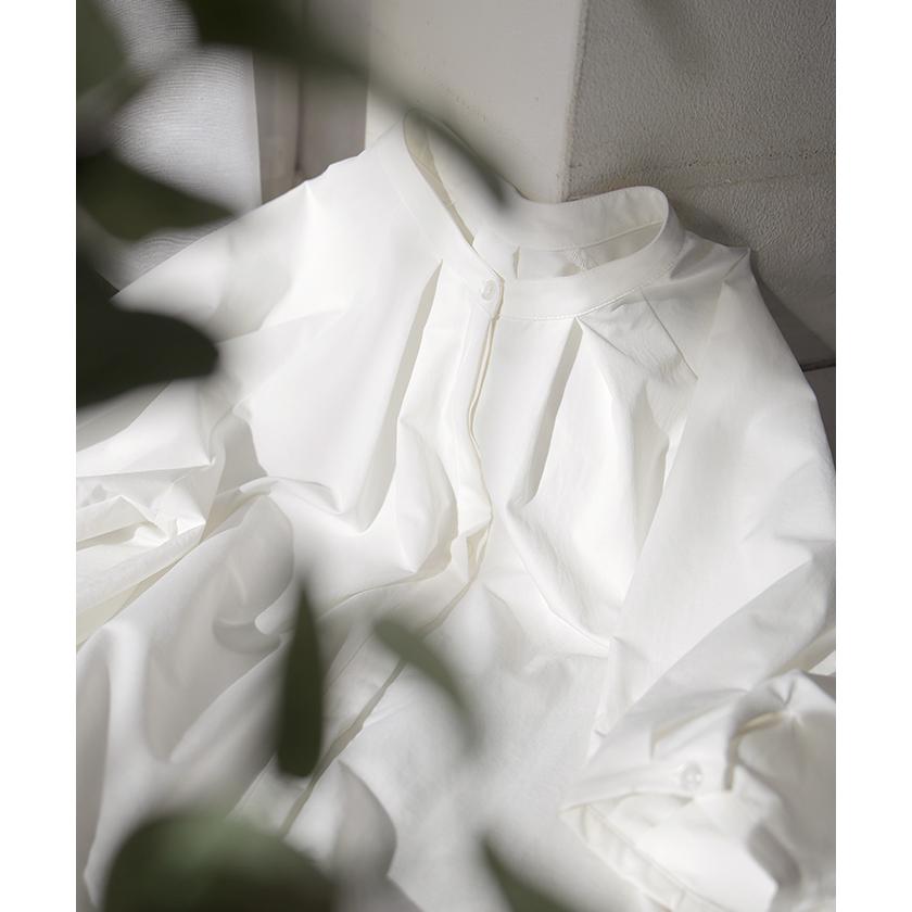 シャツ ぽわん袖 レディース 長袖 ブラウス トップス シワになりにくい 軽い 型崩れしにくい 体型カバー 前開き ノーカラー 比翼仕立て ラグラン 大きいサイズ | HUG.U | 21