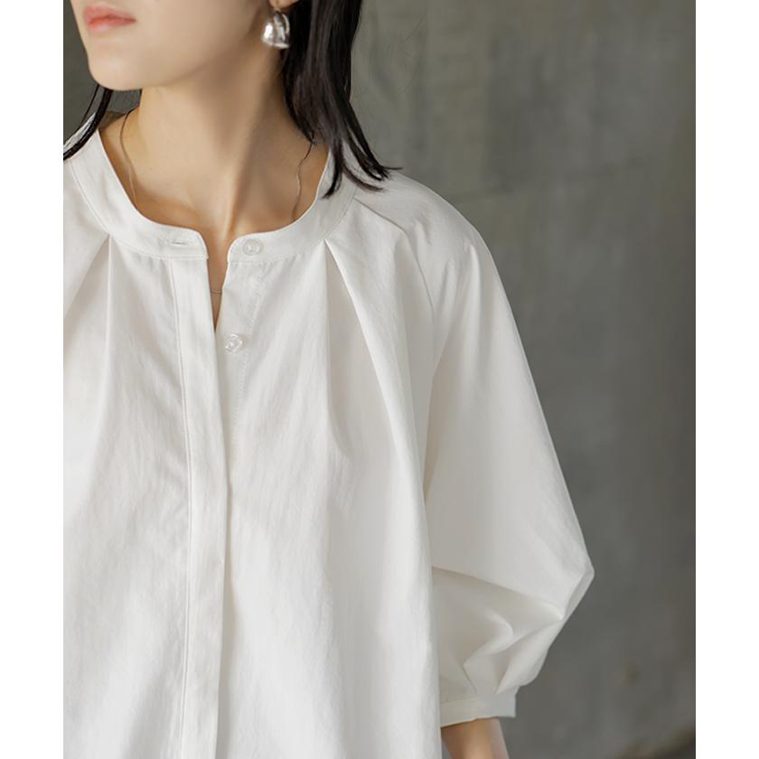 シャツ ぽわん袖 レディース 長袖 ブラウス トップス シワになりにくい 軽い 型崩れしにくい 体型カバー 前開き ノーカラー 比翼仕立て ラグラン 大きいサイズ | HUG.U | 04