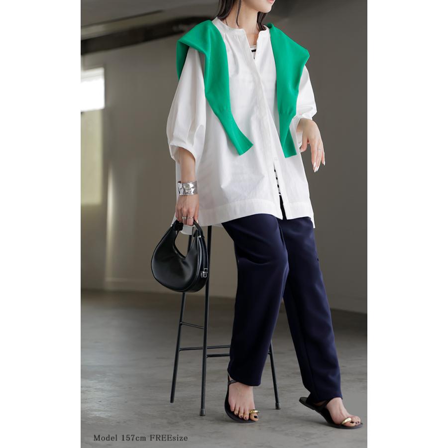 シャツ ぽわん袖 レディース 長袖 ブラウス トップス シワになりにくい 軽い 型崩れしにくい 体型カバー 前開き ノーカラー 比翼仕立て ラグラン 大きいサイズ | HUG.U | 06