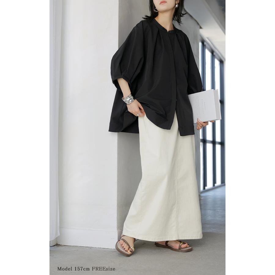 シャツ ぽわん袖 レディース 長袖 ブラウス トップス シワになりにくい 軽い 型崩れしにくい 体型カバー 前開き ノーカラー 比翼仕立て ラグラン 大きいサイズ | HUG.U | 08