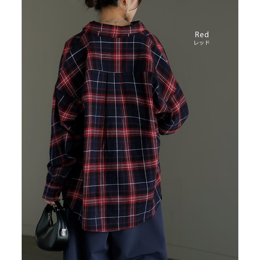 シャツ 綿100％ ネルシャツ チェック レディース ブラウス トップス ロング ロングシャツ チュニック 長袖 総柄 羽織 ライトアウター | HUG.U | 16