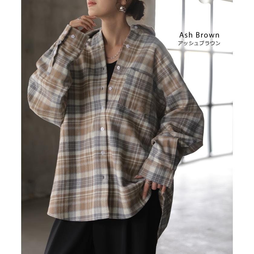 シャツ 綿100％ ネルシャツ チェック レディース ブラウス トップス ロング ロングシャツ チュニック 長袖 総柄 羽織 ライトアウター | HUG.U | 22