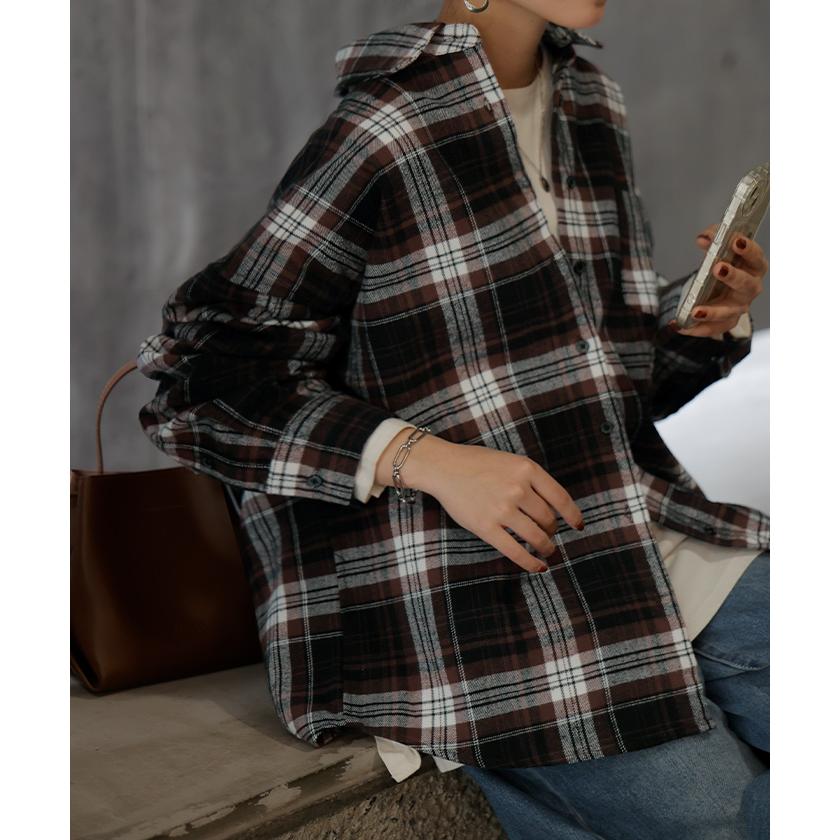 シャツ 綿100％ ネルシャツ チェック レディース ブラウス トップス ロング ロングシャツ チュニック 長袖 総柄 羽織 ライトアウター | HUG.U | 08