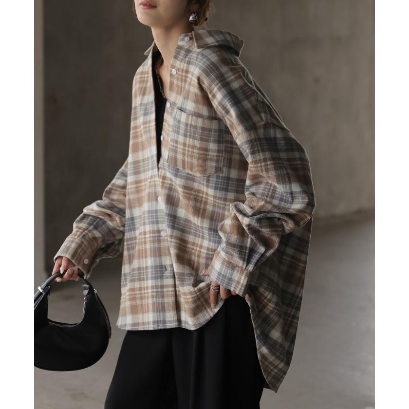シャツ 綿100％ ネルシャツ チェック レディース ブラウス トップス ロング ロングシャツ チュニック 長袖 総柄 羽織 ライトアウター | HUG.U | 10