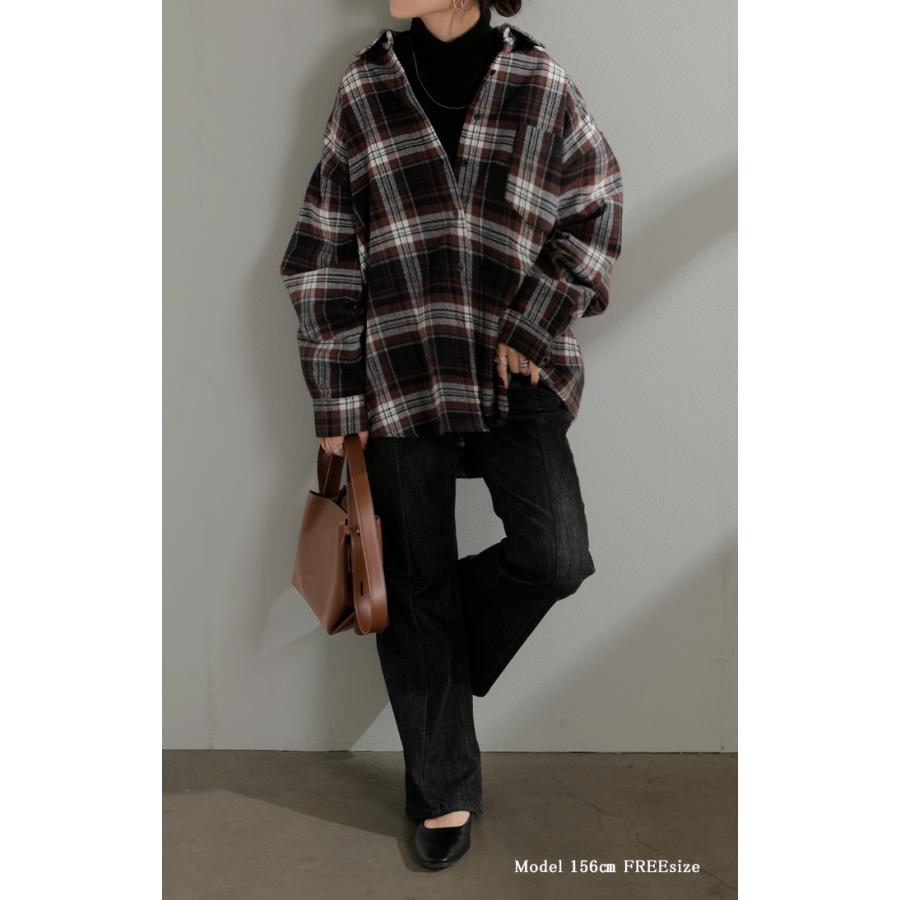 シャツ 綿100％ ネルシャツ チェック レディース ブラウス トップス ロング ロングシャツ チュニック 長袖 総柄 羽織 ライトアウター | HUG.U | 11