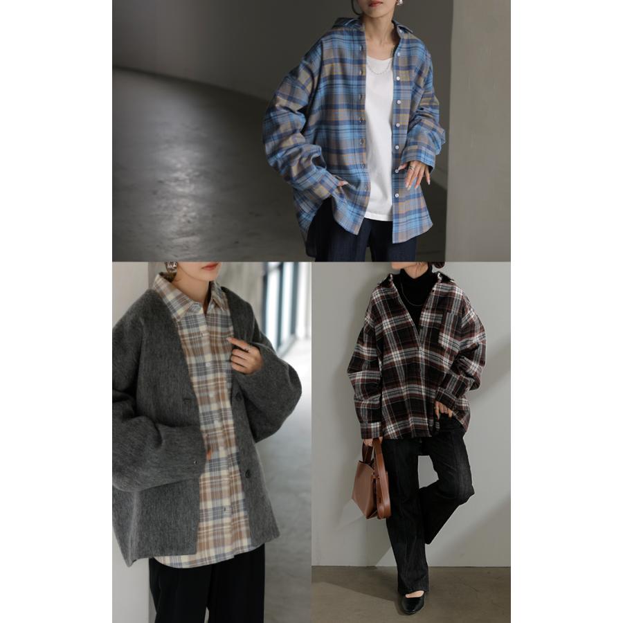 シャツ 綿100％ ネルシャツ チェック レディース ブラウス トップス ロング ロングシャツ チュニック 長袖 総柄 羽織 ライトアウター | HUG.U | 14