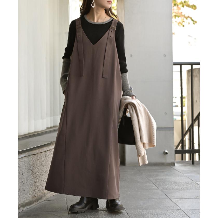 ワンピース ジャンパースカート サロペット イージーケア ウォッシャブル Aライン スカート レディース ロング ロングワンピース シワになりにくい Vネック | HUG.U | 07