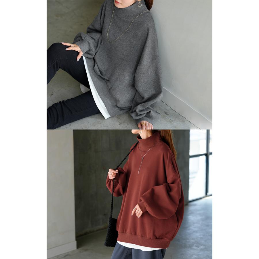 スウェット 特暖 裏シャギー タートルネック レディース トップス ロング 裏起毛 プルオーバー ハイネック 長袖 ボリュームスリーブ | HUG.U | 21