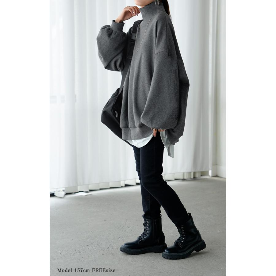 スウェット 特暖 裏シャギー タートルネック レディース トップス ロング 裏起毛 プルオーバー ハイネック 長袖 ボリュームスリーブ | HUG.U | 23