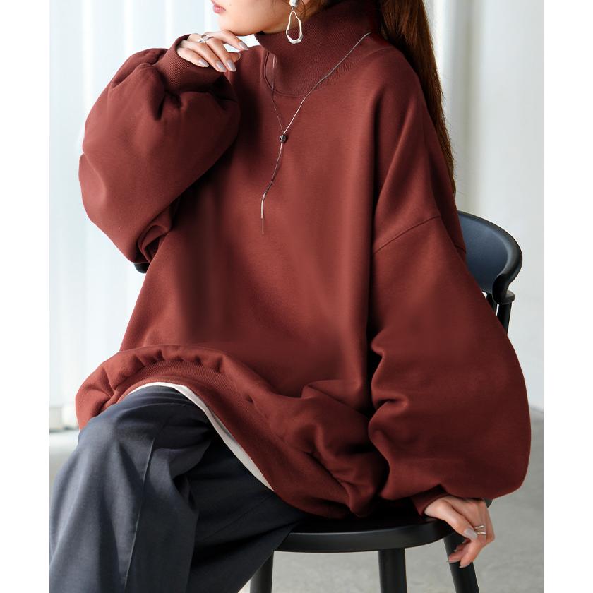 スウェット 特暖 裏シャギー タートルネック レディース トップス ロング 裏起毛 プルオーバー ハイネック 長袖 ボリュームスリーブ | HUG.U | 11