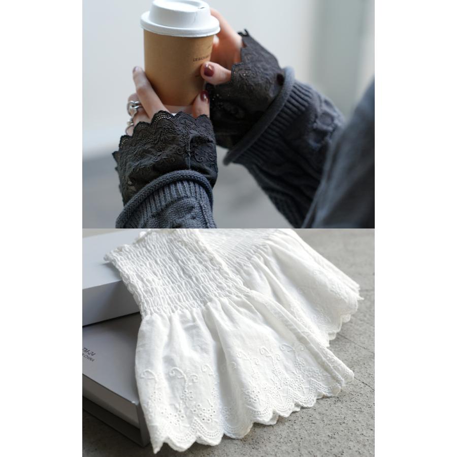 つけ袖 レース 綿100 レディース フリル 刺繍 レイヤード ブラウス 重ね 付け袖 肌隠し シャーリングゴム 軽量 ストレッチ フレア袖 ベル袖 刺繍レース | HUG.U | 18