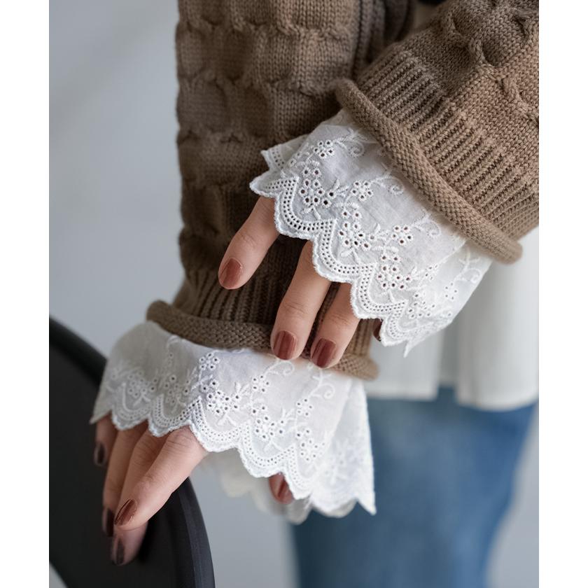 つけ袖 レース 綿100 レディース フリル 刺繍 レイヤード ブラウス 重ね 付け袖 肌隠し シャーリングゴム 軽量 ストレッチ フレア袖 ベル袖 刺繍レース | HUG.U | 08