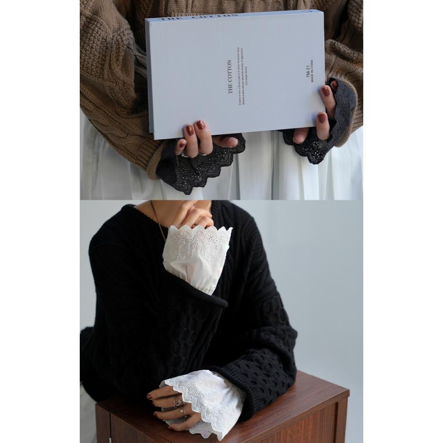 つけ袖 レース 綿100 レディース フリル 刺繍 レイヤード ブラウス 重ね 付け袖 肌隠し シャーリングゴム 軽量 ストレッチ フレア袖 ベル袖 刺繍レース | HUG.U | 10