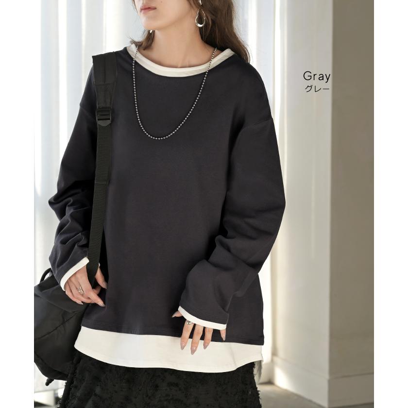 ロンT レイヤード 風 綿100 レディース Tシャツ トップス 長袖 カットソー ロング ティーシャツ チュニック ビッグ クルーネック 長い ドルマン | HUG.U | 16