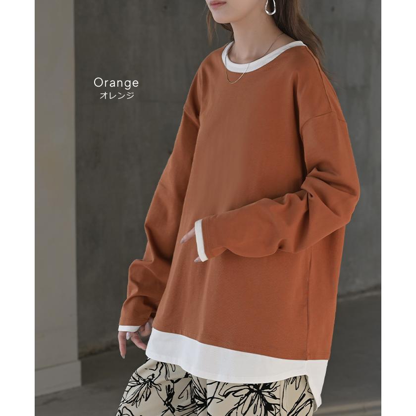 ロンT レイヤード 風 綿100 レディース Tシャツ トップス 長袖 カットソー ロング ティーシャツ チュニック ビッグ クルーネック 長い ドルマン | HUG.U | 17